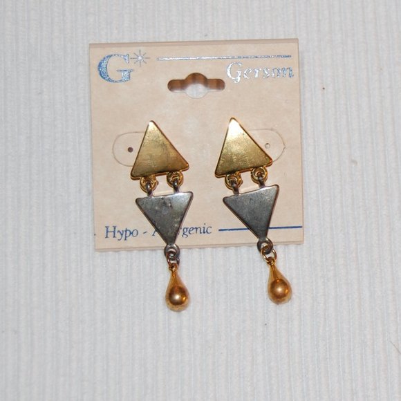 Gerson Hypo Allergenic Gold /Silver Tone Triangle Post Earrings 2' Long - Picture 3 of 6